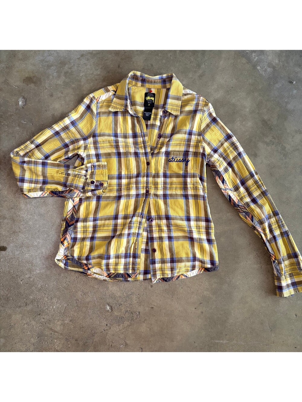 Stussy Women Sz S Yellow Plaid Button-Up Shirt 100% Cotton